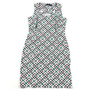 Katherine Way Sheath Dress Chest Cutout White Pink Green Geo Print